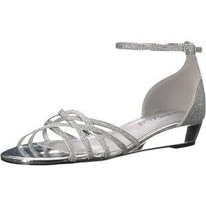Easy Street Tarrah Crossover Wedge Sandals Silver Glitter 7.5 XW‎ NEW